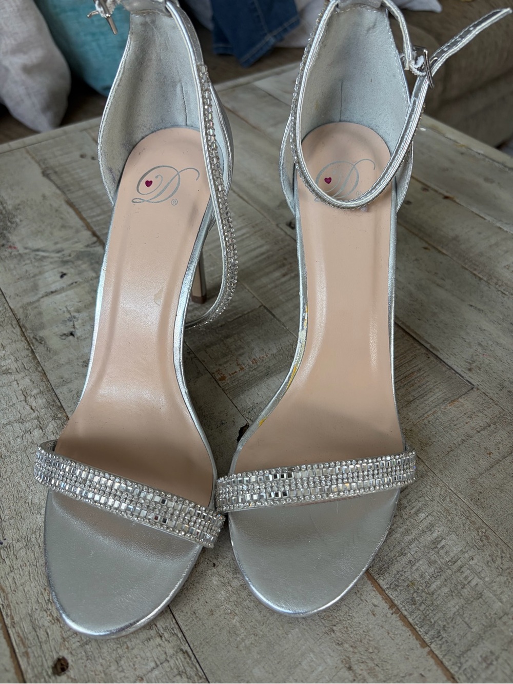 Delicious Silver Crystal-Embellished Open-Toe Ankle-Strap Heels - Picture 2 of 5